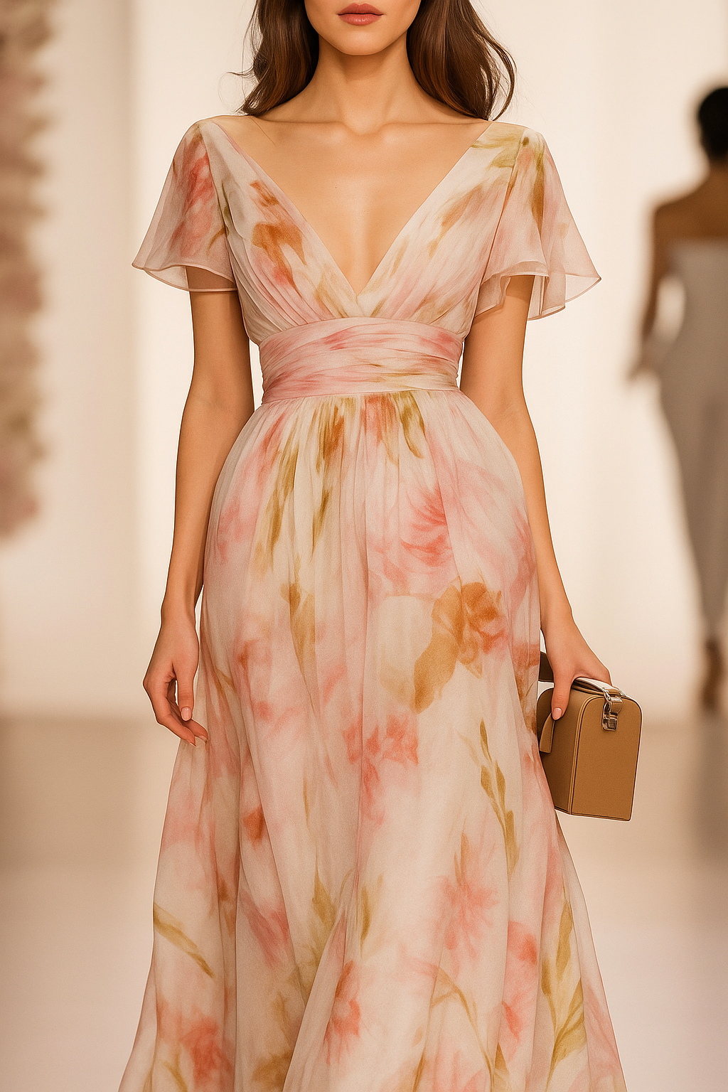 Elegant floral chiffon maxi dress with flutter sleeves and a flowing silhouette for weddings and special occasions.