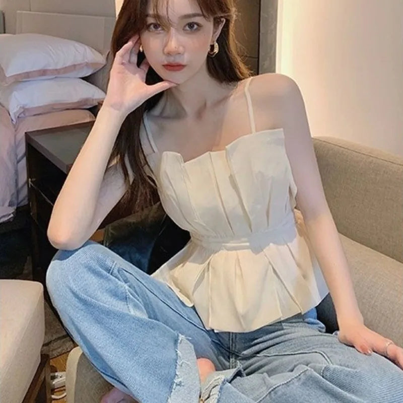 2025 Women Clothing Tunic Sexy Vest Slim Waist Patchwork Sleeveless Tanks Temperament Irregular Camis Backless Summer Crop Tops