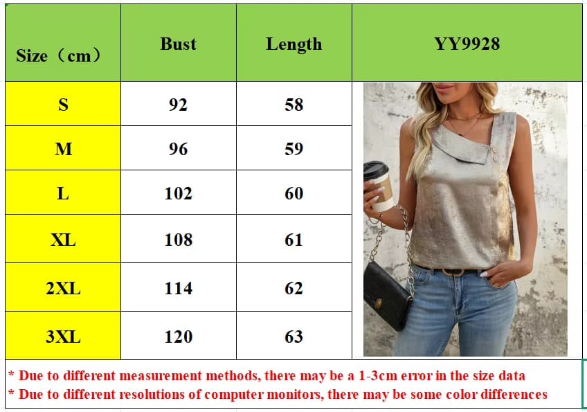 Woman wearing sleeveless satin top with asymmetrical neckline and button detail in beige and size chat