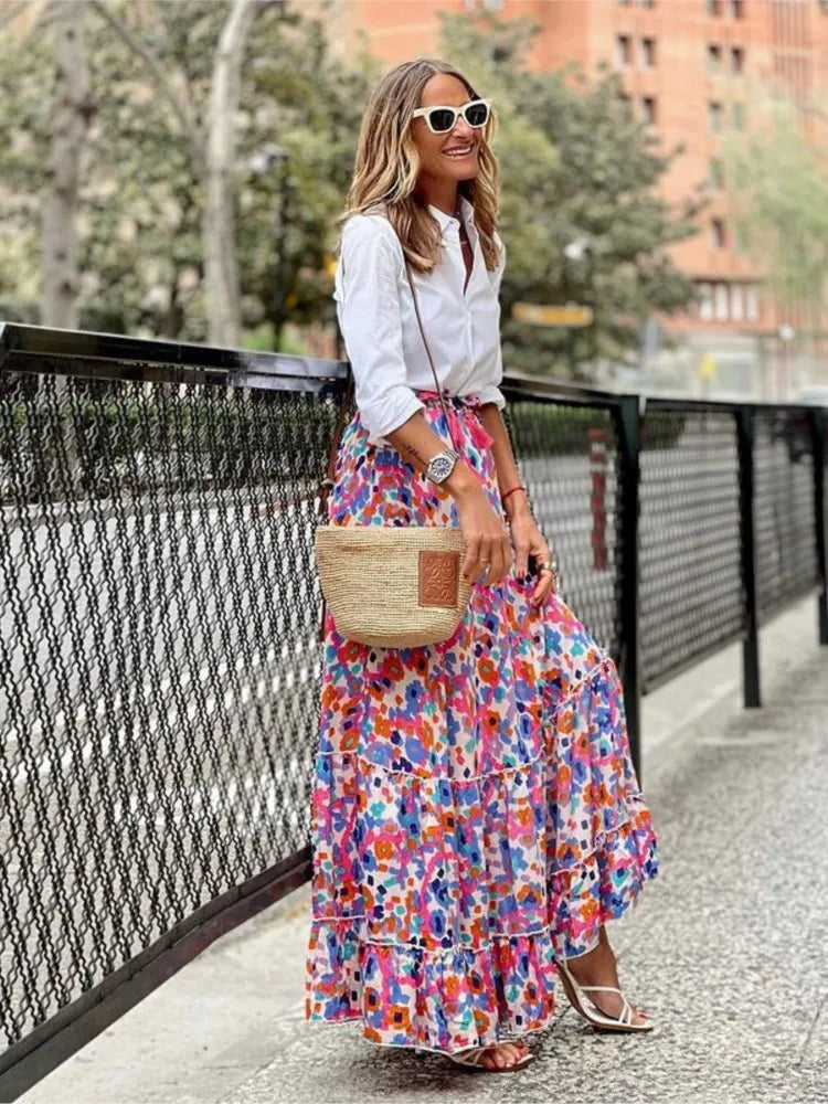Multicolor floral print boho maxi skirt with tiered ruffles styled with white button-up shirt