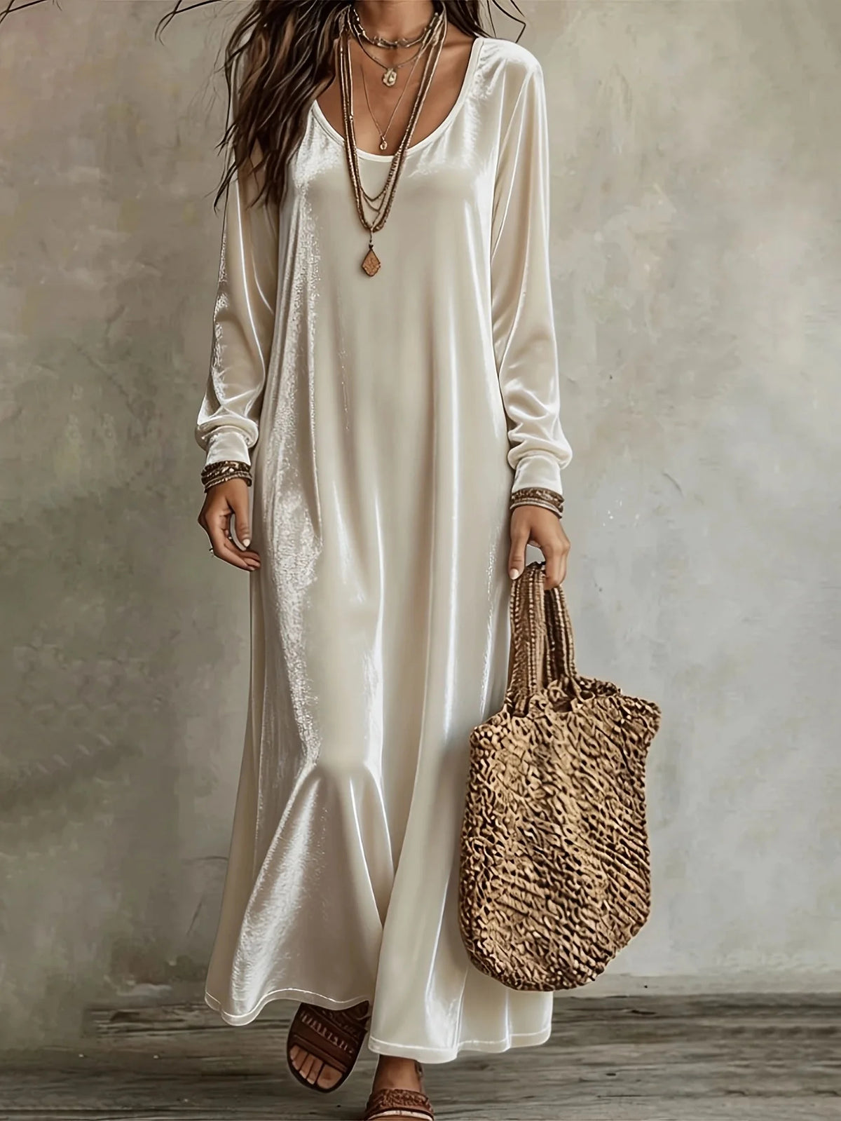 Model wearing a white velvet maxi dress with long sleeves, a round neckline, and a relaxed fit.