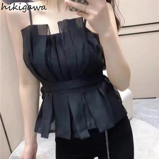 Black pleated peplum top with straps and slim waist design
