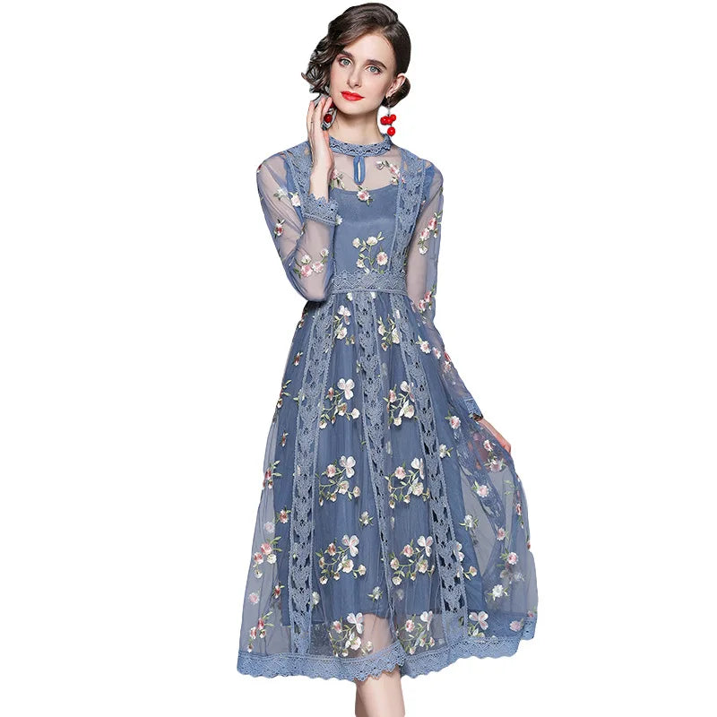 Modest Floral Embroidery Midi Dress – Long Sleeve Lace Mesh Holiday Dress – Women's S–XXL – Grace and Modesty