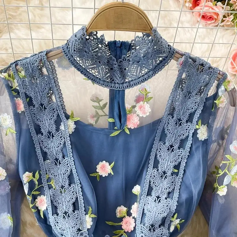 Modest Floral Embroidery Midi Dress – Long Sleeve Lace Mesh Holiday Dress – Women's S–XXL – Grace and Modesty