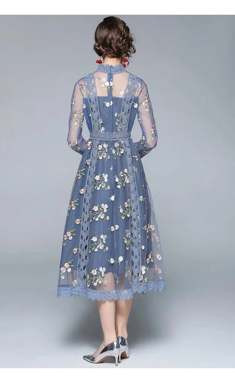 Modest Floral Embroidery Midi Dress – Long Sleeve Lace Mesh Holiday Dress – Women's S–XXL – Grace and Modesty