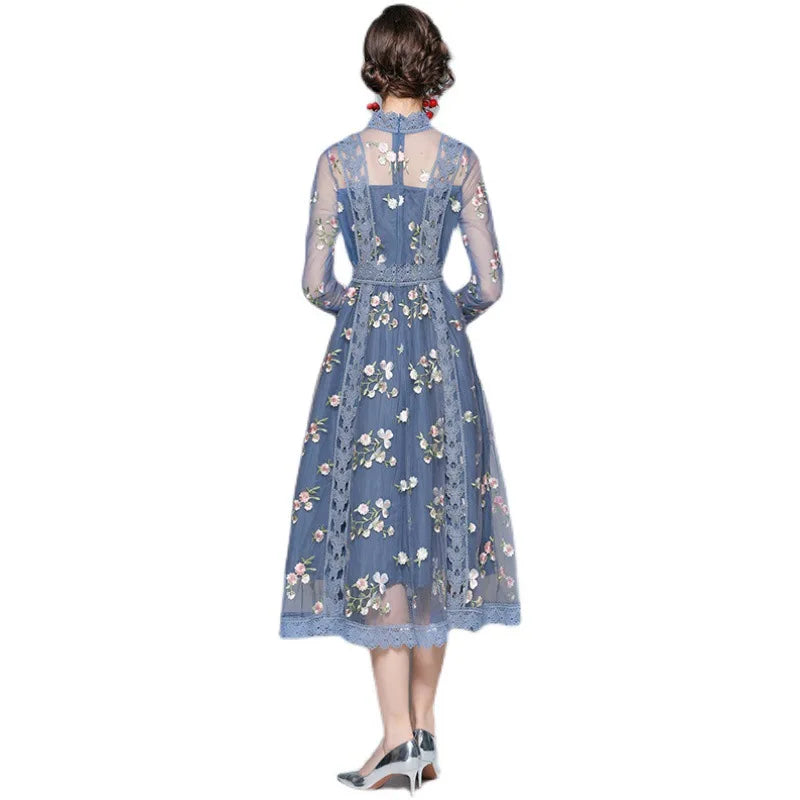 Modest Floral Embroidery Midi Dress – Long Sleeve Lace Mesh Holiday Dress – Women's S–XXL – Grace and Modesty