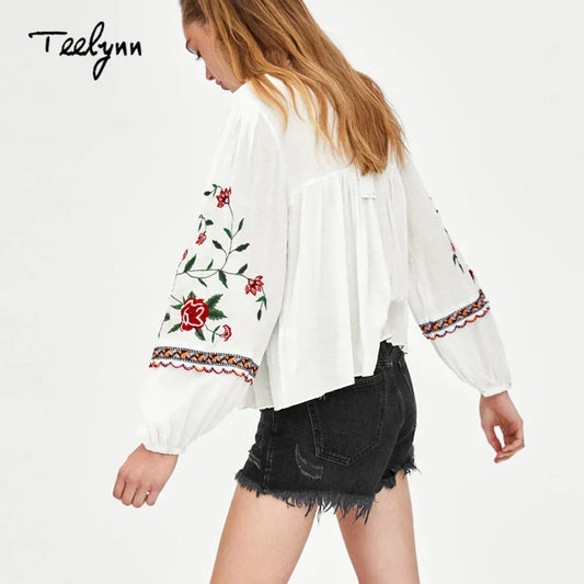 Boho Beach Blouse Women Tops White Cotton Rayon Floral Embroidered Puff Long Sleeve Loose Casual Women's Blouses Blusa