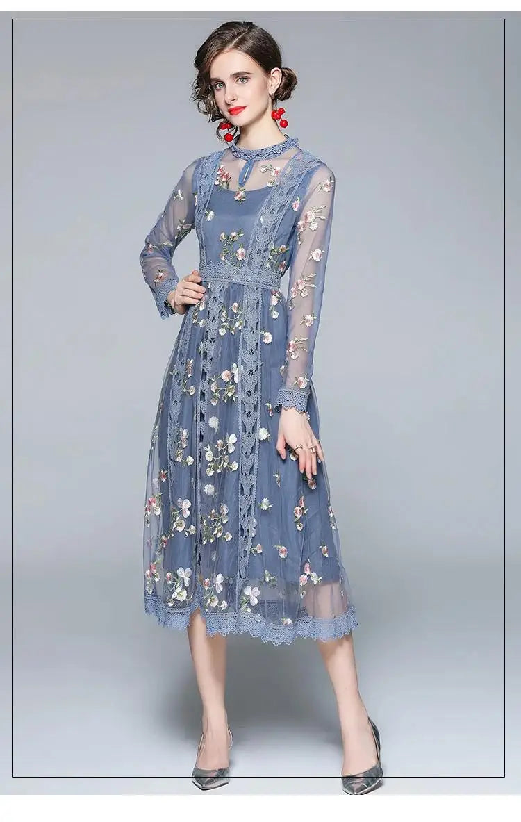 Modest Floral Embroidery Midi Dress – Long Sleeve Lace Mesh Holiday Dress – Women's S–XXL – Grace and Modesty