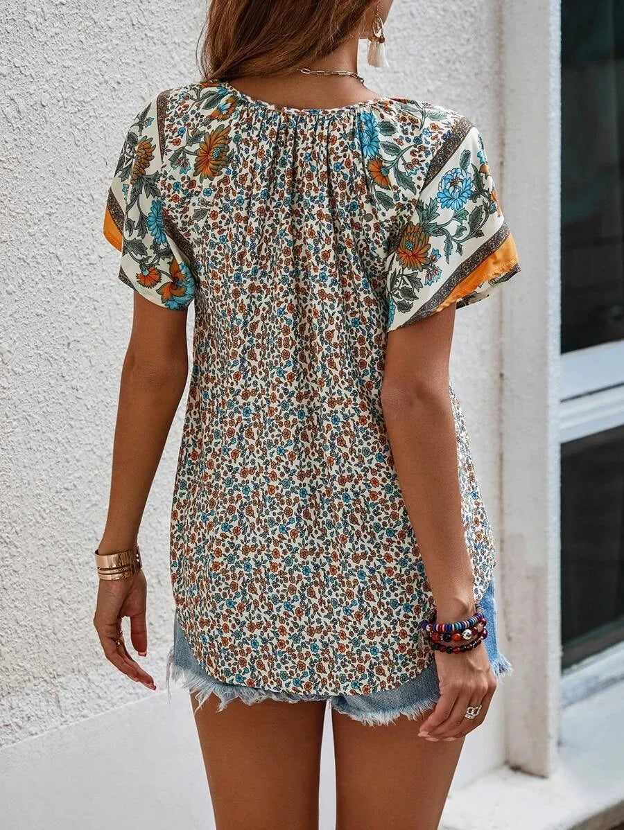 Boho Floral Print Women's Blouse - Loose V-Neck Summer Top