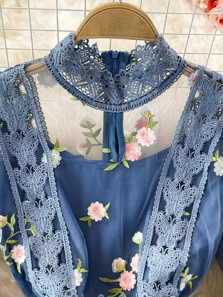 Modest Floral Embroidery Midi Dress – Long Sleeve Lace Mesh Holiday Dress – Women's S–XXL – Grace and Modesty