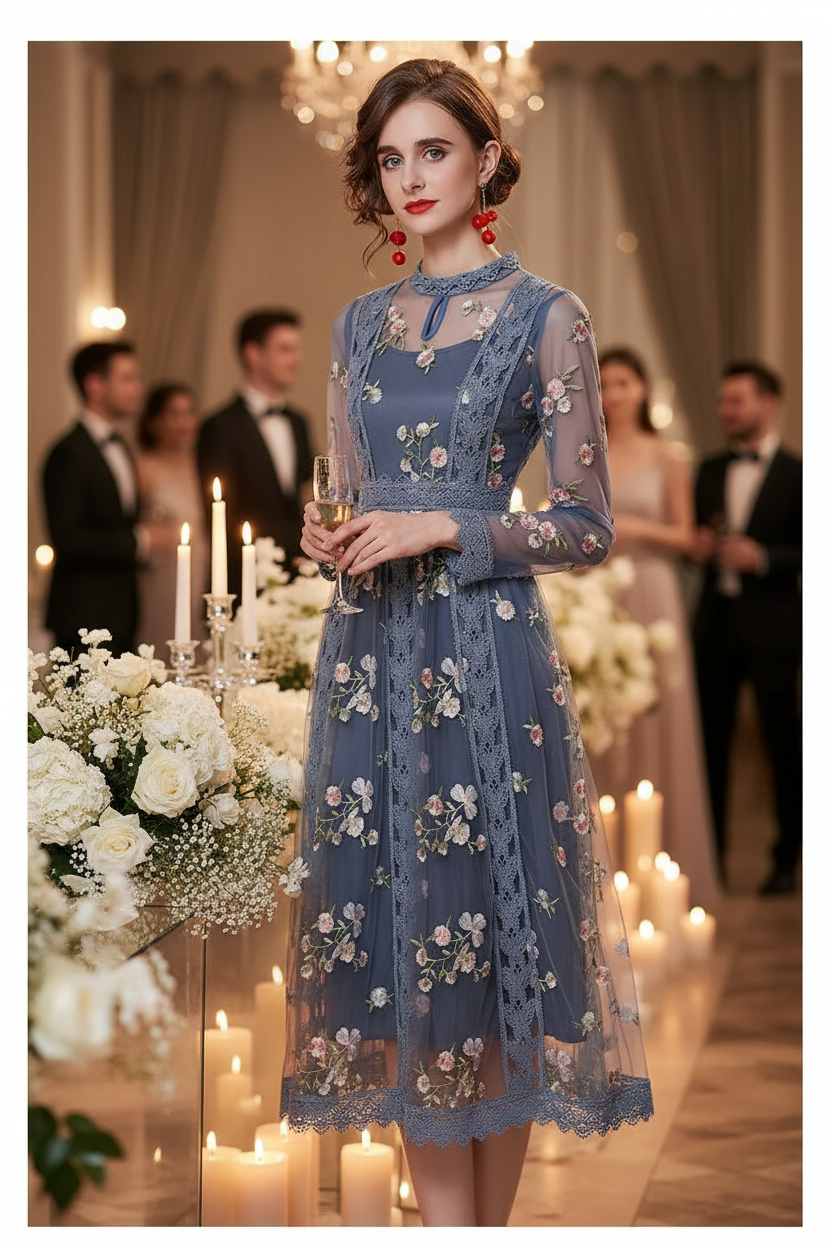 Blue Embroidery Dress Indoor Wedding