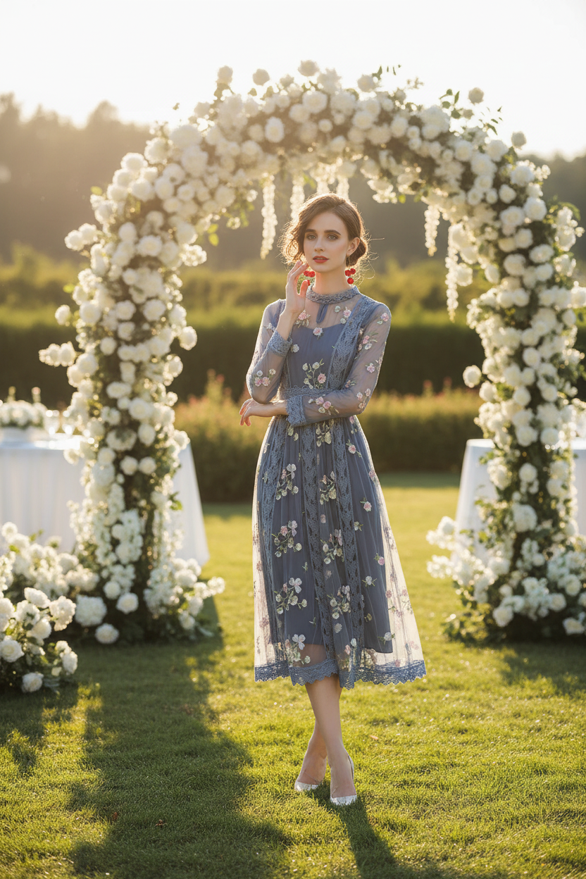 Blue Embroidery Dress Outdoor Wedding