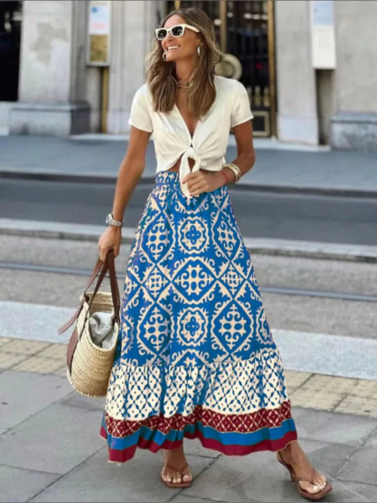  Blue and white tile print boho maxi skirt with red border trim styled with white crop top
