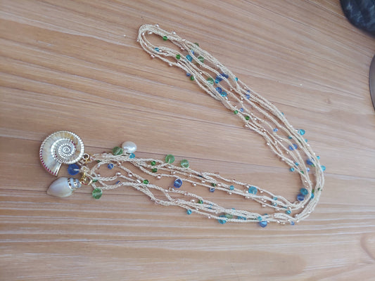 Handmade Boho Crochet Necklace – Spiral Shell & Freshwater Pearl Pendant – 44 Inch Layering Necklace – Grace and Modesty
