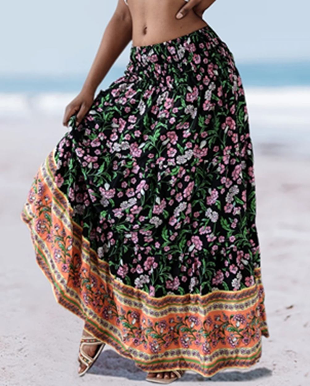 Floral border print maxi skirt in black with pink and green botanical print – boho modest style | Grace & Modesty