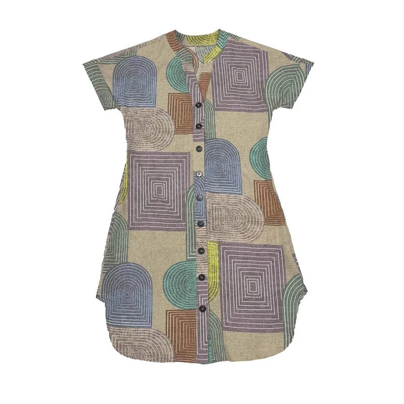 Multicolor geometric print button-front dress shown from the front on a white background.