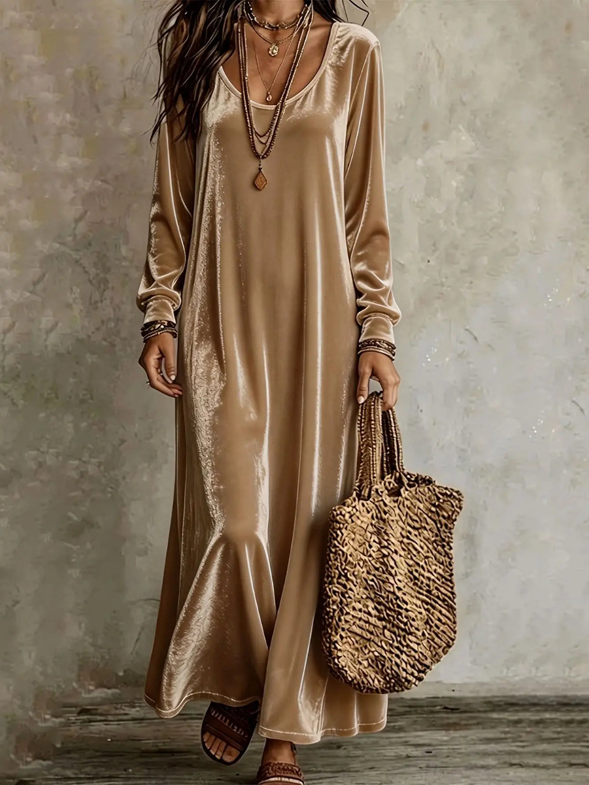 Model wearing a khaki velvet maxi dress with long sleeves, a round neckline, and a relaxed fit.
