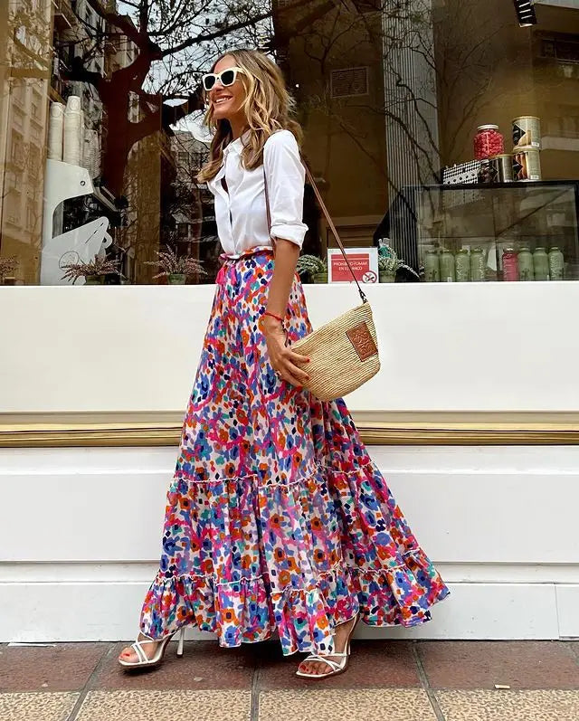 Multicolor floral print boho maxi skirt with tiered ruffles styled with white button-up shirt