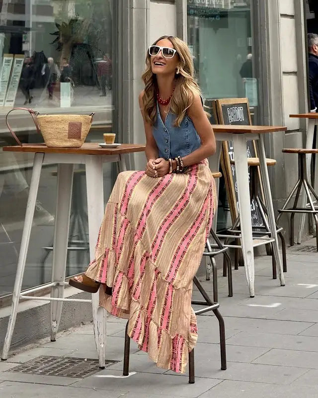  Pink and beige striped boho maxi skirt styled with denim top - cafe street style look