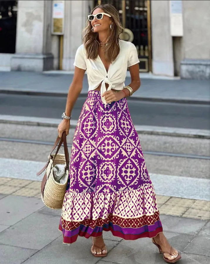Purple and beige tile print boho maxi skirt with burgundy border trim styled with white crop top