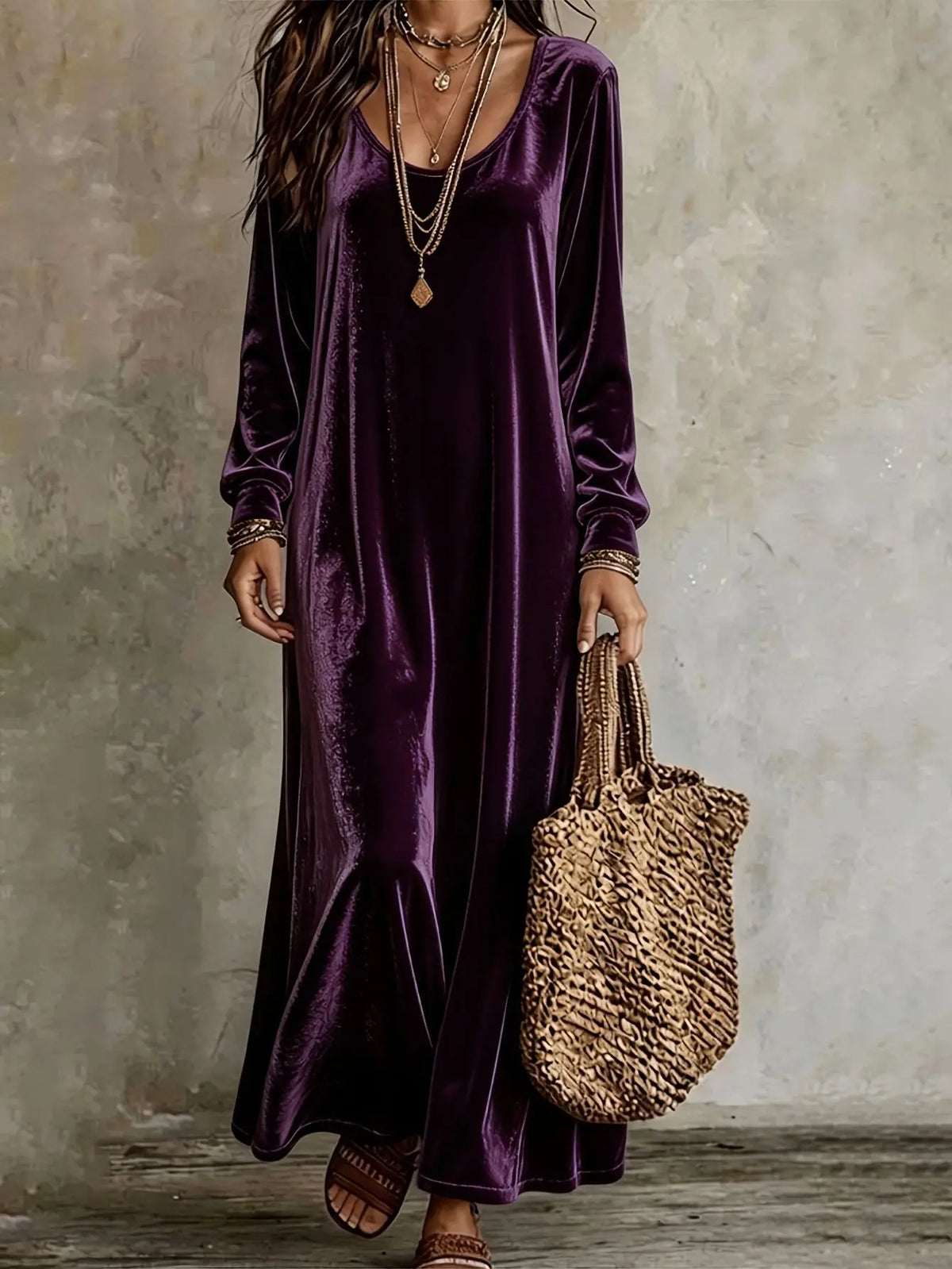 Model wearing a purple velvet maxi dress with long sleeves, a round neckline, and a relaxed fit.