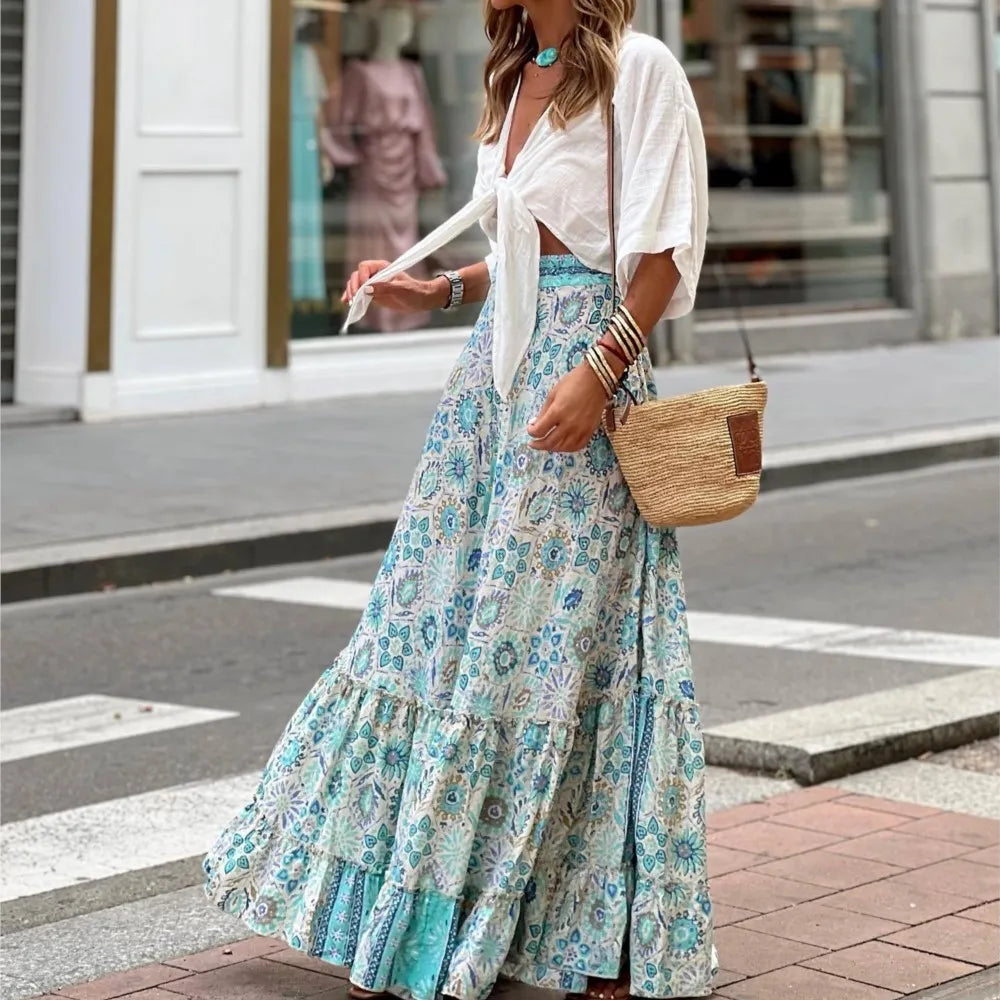  Turquoise and white paisley print boho maxi skirt with tiered ruffles styled with white crop top